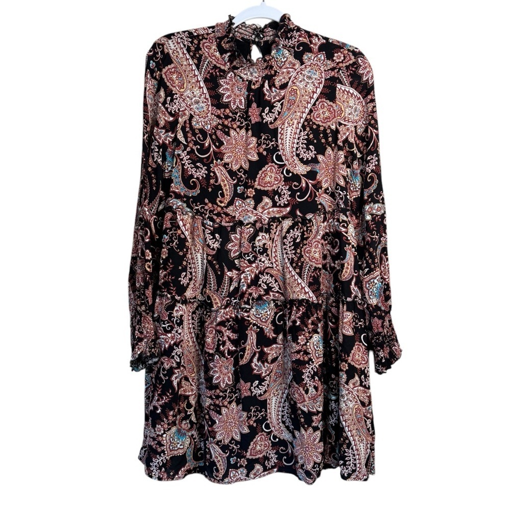 Anthropologie Cady Tiered Tunic Dress Paisley Small S Black Boho Chic B39